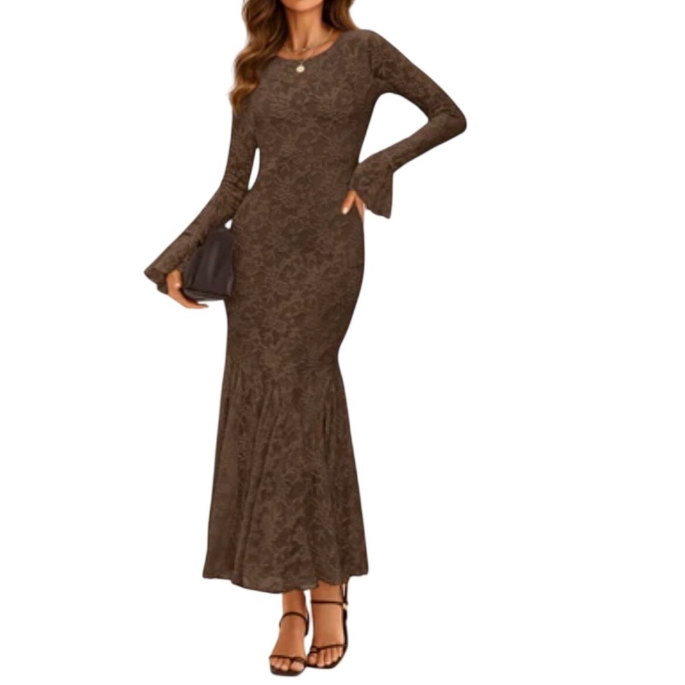NWOT ZESICA Brown Lace Mermaid Maxi Dress S Bell Sleeve Whimsigoth Evening
